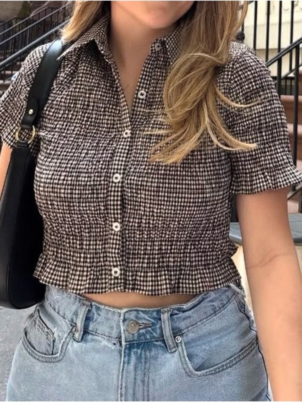 Zara Brown and White Gingham Smocked Crop Button-Down Top